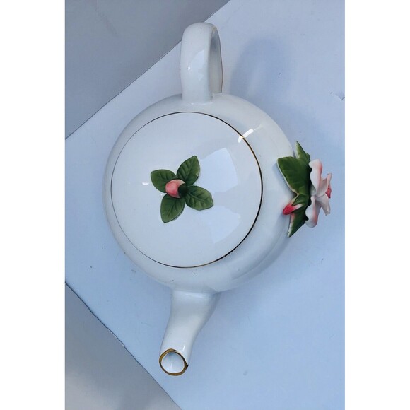 Teleflora Gift Peach Rose vintage Teapot Porcelain white with Gold Trim - Picture 5 of 9